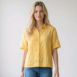 C&C California Women's Size Medium Yellow with White Stripes Linen Short Sleeve